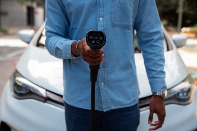 uomo con in mano il plug in dell'auto plug in